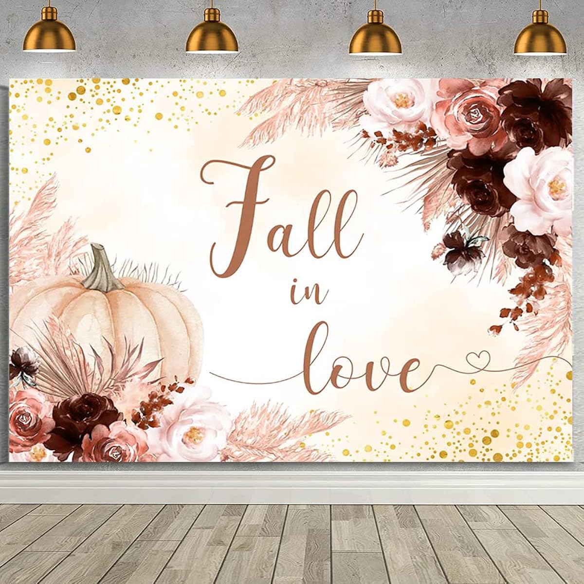 AIBIIN Fall in Love Backdrop Autumn Pumpkins Photography Background Pink Pumpkins Pampas Grass Gold Glitter Dots Wedding Anniversary Cake Table Decor Banner Photo Booth Props Vinyl 7x5ft