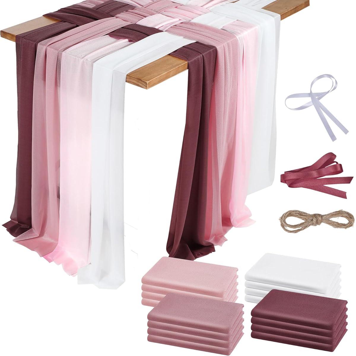 Redbaker Chiffon Table Runners for Weddings 10ft/9ft Boho Table Runners Rustic Table Decor for Wedding Reception Wedding Bridal Shower Birthday Party 16pcs (Rose)