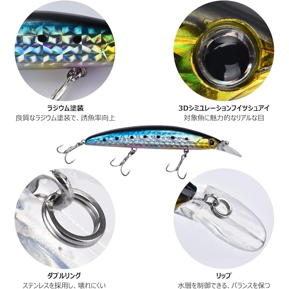 ColorGo Lure, Floating Minnow, Seabass, Flounder, Blue Fish, 12g, 17g, 20g, 25g, Built-in Steel Ball, Moving Center of Gravity, Mountain Stream, Sea Fishing, Long Cast, Set of 5