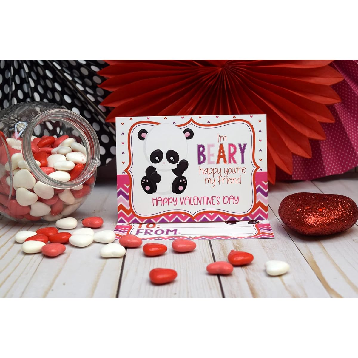 AmandaCreation "Very Happy You're My Friend" Panda Bear Themed Valentine's Day Card - Gift for Friends and Classmates - 3.5" x 5" 30 Fill-in Cards - No Envelopes