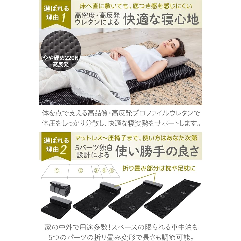 GOKUMIN Sleeping Mattress High Resilience 220N Thickness 5cm 180cm Sleeping in a Car Disaster Prevention Goods Mattress Compact Leisure Disaster Goods Rolled Up Storage (60cm x 180cm, Black)