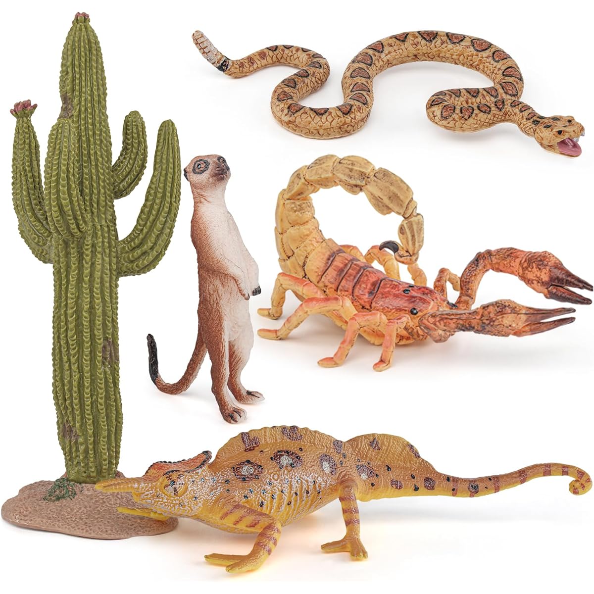 Fantarea Desert Wildlife Model Figure Playset 5 Pieces Cactus Scorpion Snake Chameleon Meerkat Figures Decoration Set Toys for Boys Girls Kids