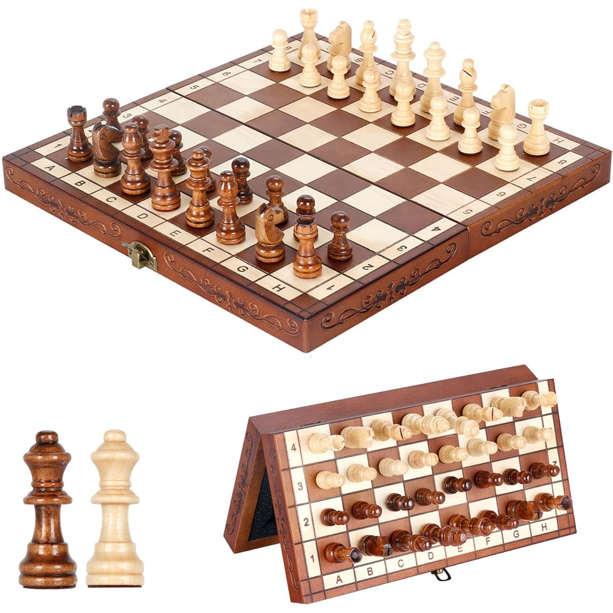 Syrace Magnetic Chess Set Board Game Wooden Foldable Handmade Portable Travel Chess Board Game Set with Game Pieces and Storage Slots