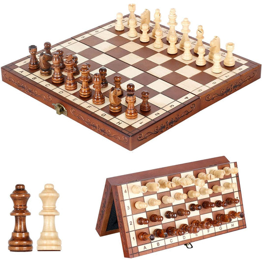 Syrace Magnetic Chess Set Board Game Wooden Foldable Handmade Portable Travel Chess Board Game Set with Game Pieces and Storage Slots