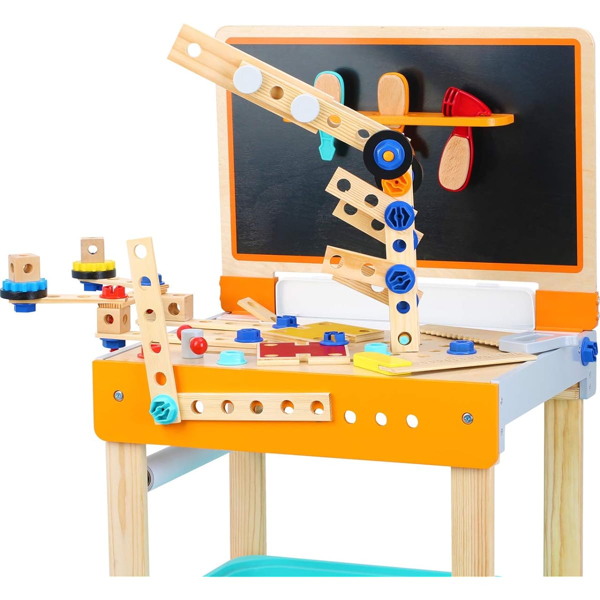 Small footed wooden toy 2-in-1 workbench, provides enough space for tools such as hammer, screwdriver, co, etc., foldable backboard acts as a painting table, multi-purpose (including paper rolls and pencil box) 10603)