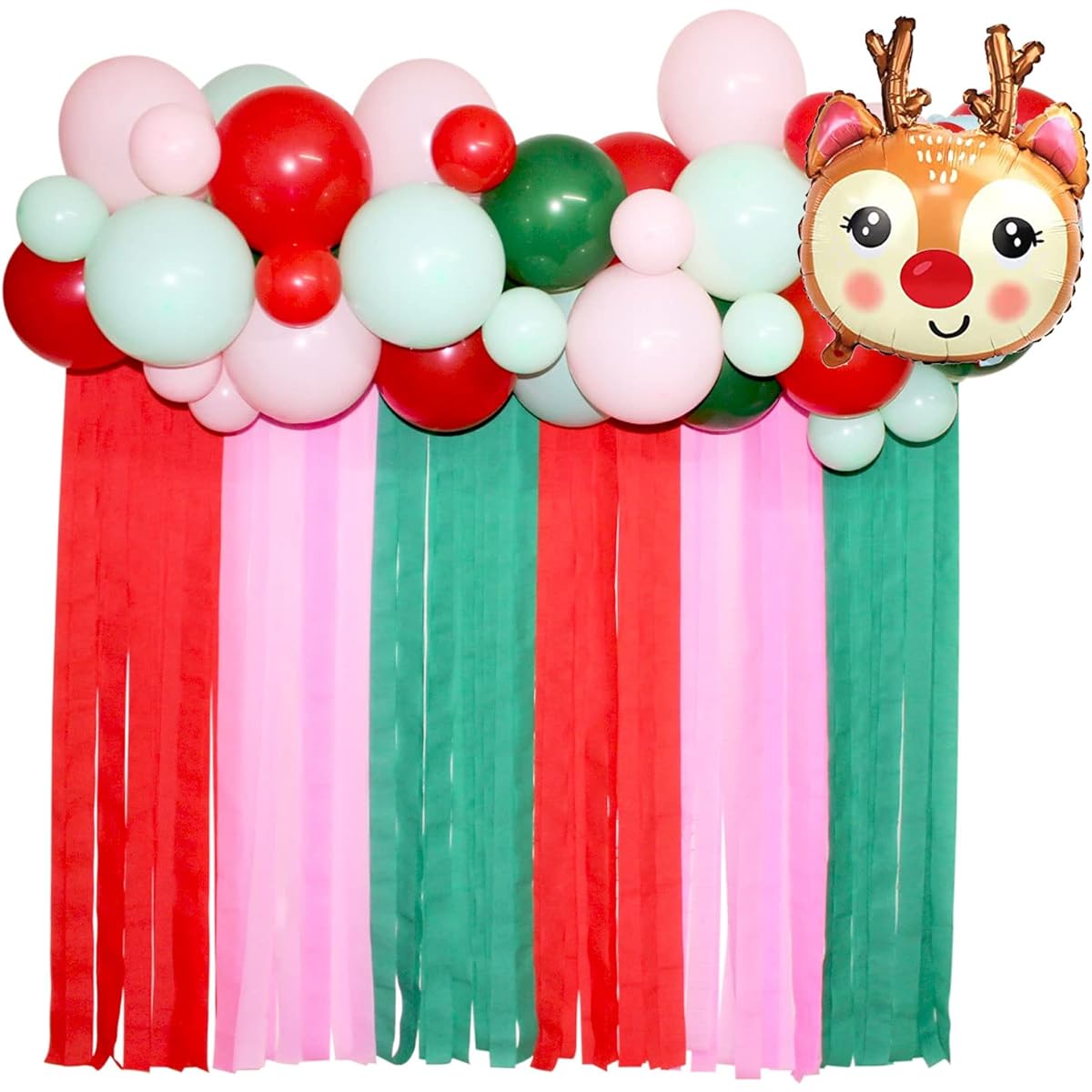 Christmas Baby Shower Balloon Garland Backdrop 75pcs Pink Red Green Balloons 3D Reindeer Foil Balloons Santa Crutches Foil Balloons for Christmas Party Cookie Decorating Party Baby Shower