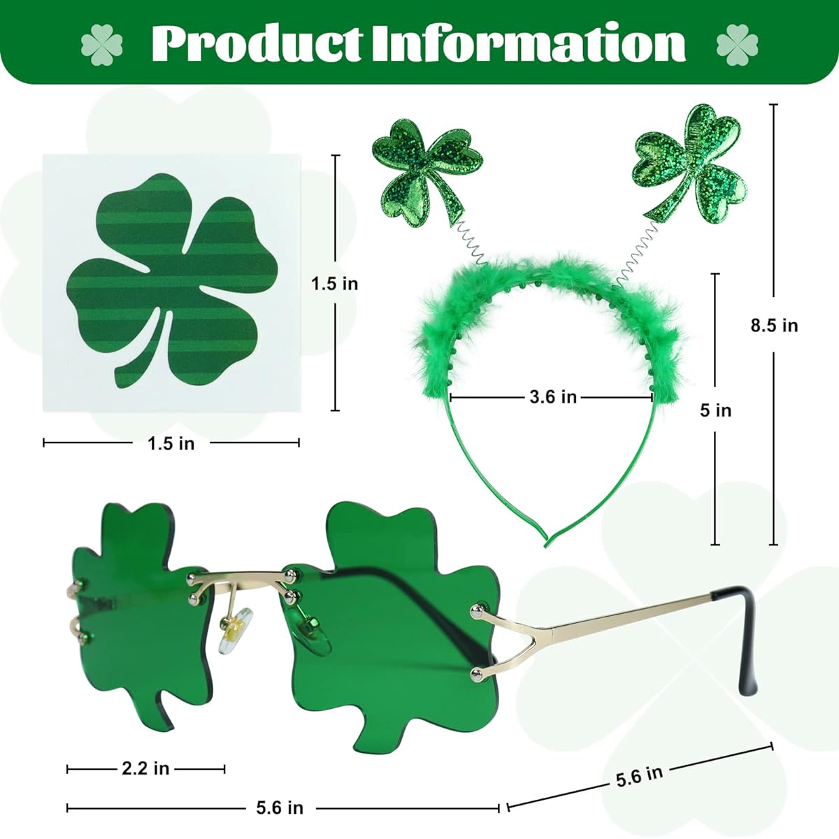 Rtudan St. Patrick's Day Shamrock Green Headband Shamrock Green Sunglasses 72 Pieces Lucky Shamrock Tattoo Sticker St. Patrick's Irish Party Decorations St. Patrick's Day Costume Accessories