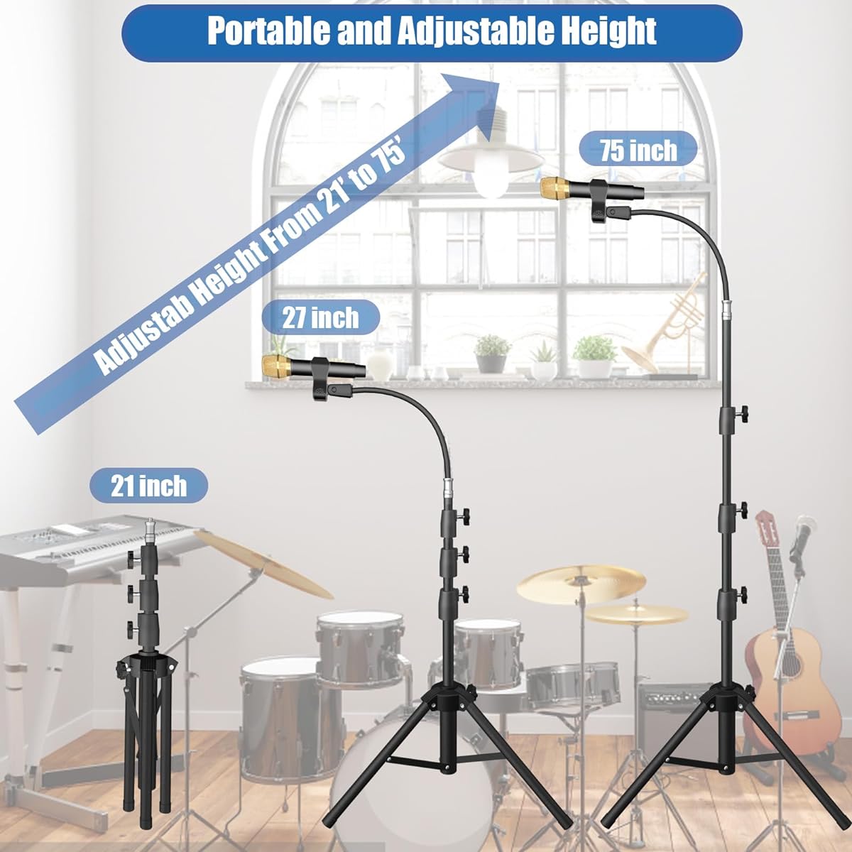 KEREAL Microphone Stand Compatible with Most Microphones Gooseneck Microphone Stand Height Adjustable with Mobile Phone Holder 2 Microphone Clips for Studio/Stage/Karaoke/DJ/Kids