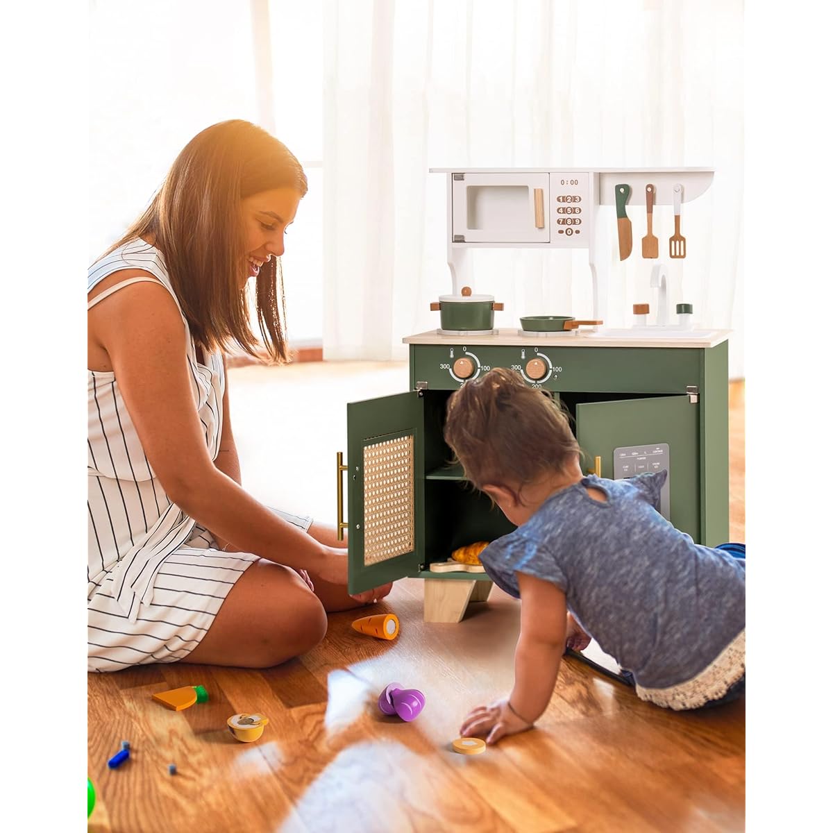 ROBUD Wooden Play Kitchen Set for Kids Toddlers with Ice Maker, Microwave, Oven, Chef Role Playing Toy Kitchen Pretend Play Kitchen Ages 3+ Vintage Green