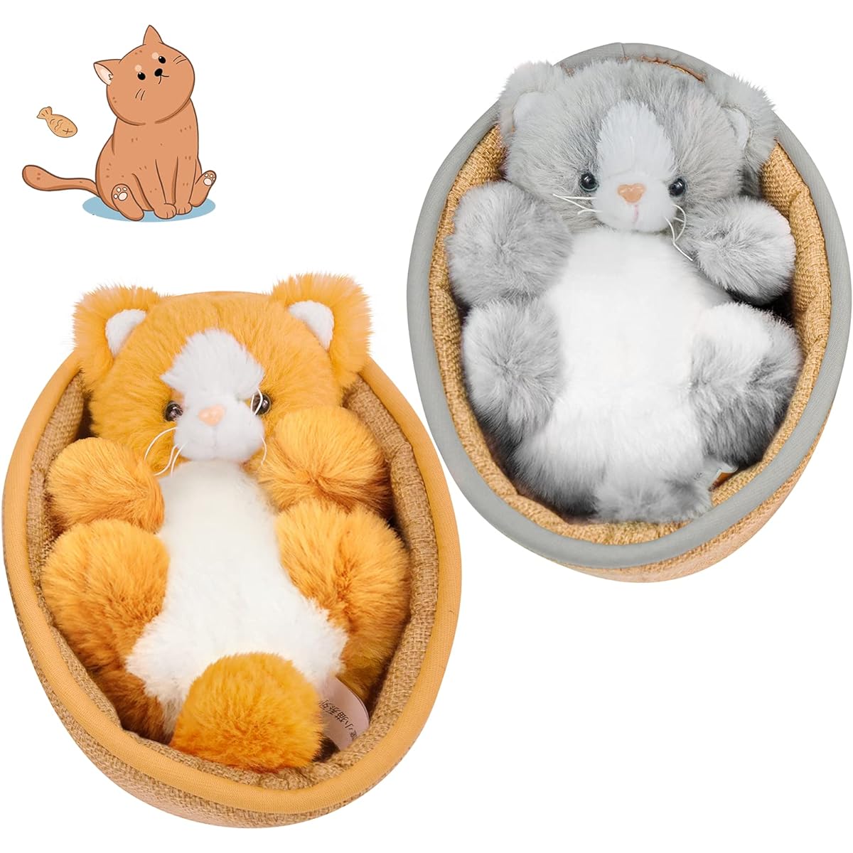 2pcs Cat Plush Toys 8.65 Inch Cat Stuffed Animals Cute Kawaii Plush Toys with Basket Exquisite Stuffed Animals Bulk Birthday Baby Gifts Kids Girls Home Decorations Grey & Yellow