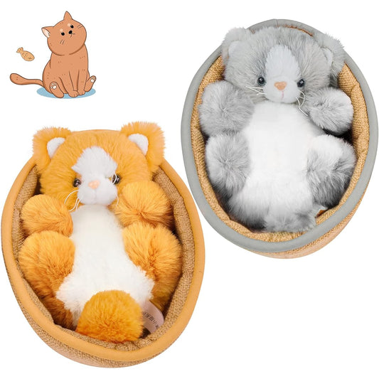 2pcs Cat Plush Toys 8.65 Inch Cat Stuffed Animals Cute Kawaii Plush Toys with Basket Exquisite Stuffed Animals Bulk Birthday Baby Gifts Kids Girls Home Decorations Grey & Yellow