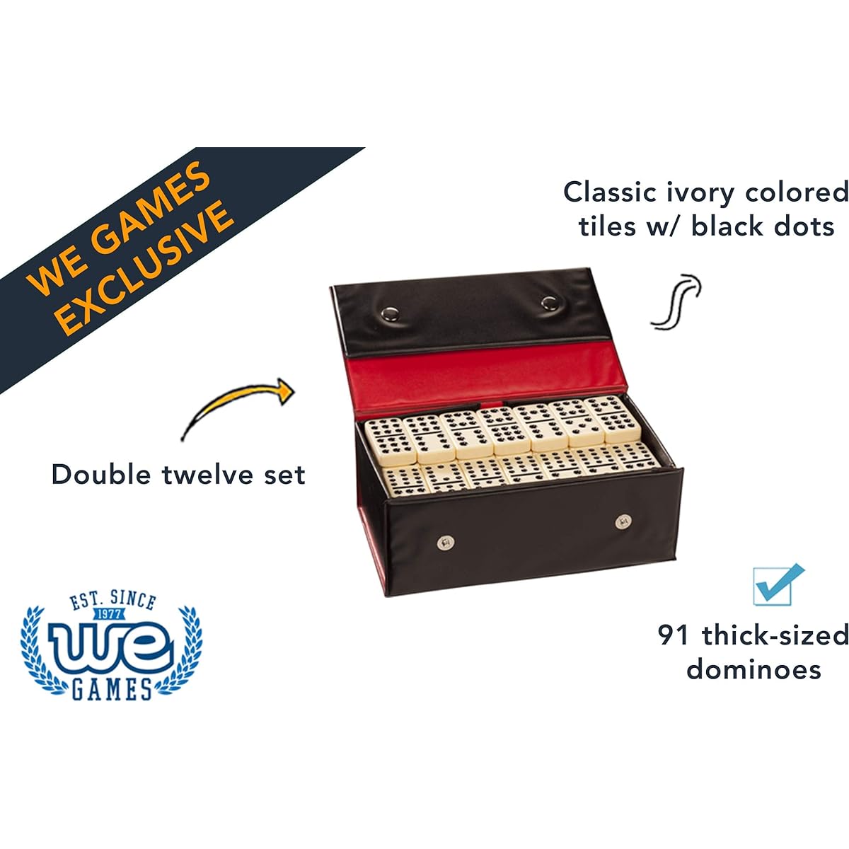 DOUBLE 12 Dominoes Ivory color tiles with black dots in vinyl case