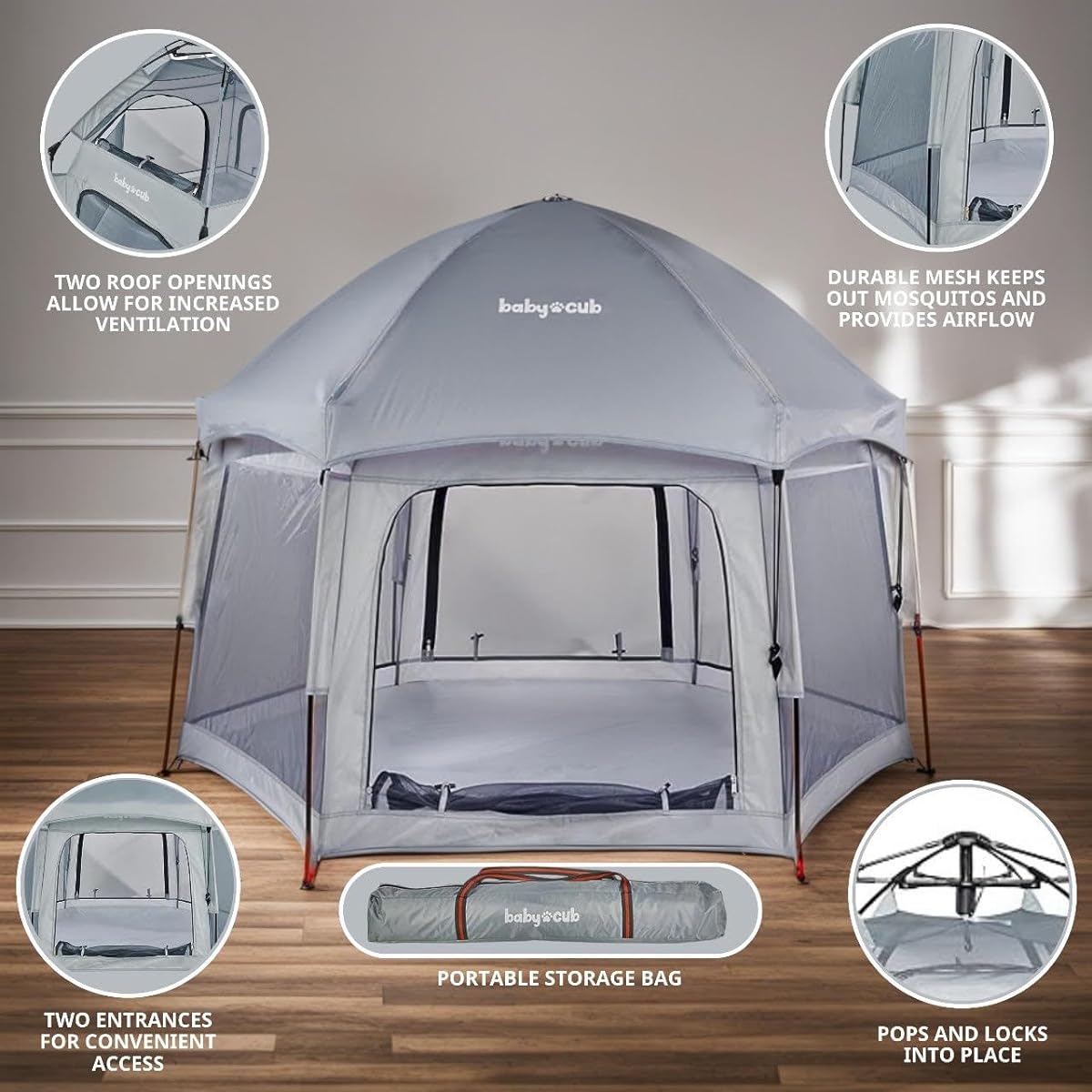 Baby Cub Playden - Indoor/Outdoor Play Tent with Cover, Children's Portable Tent with Canopy, Easy to Pop Up at the Beach or Home, Lightweight and Versatile Kids Tent