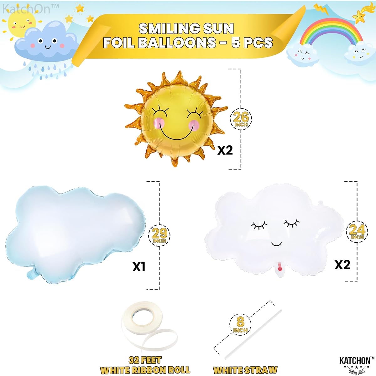 KatchOn Sun and Cloud Balloon Set - Large 29 Inch 5 Pack | Sun and Cloud Decorations | Cloud Mylar Balloons | Sun Baby Shower Decorations You Are My Sunshine Party Decorations