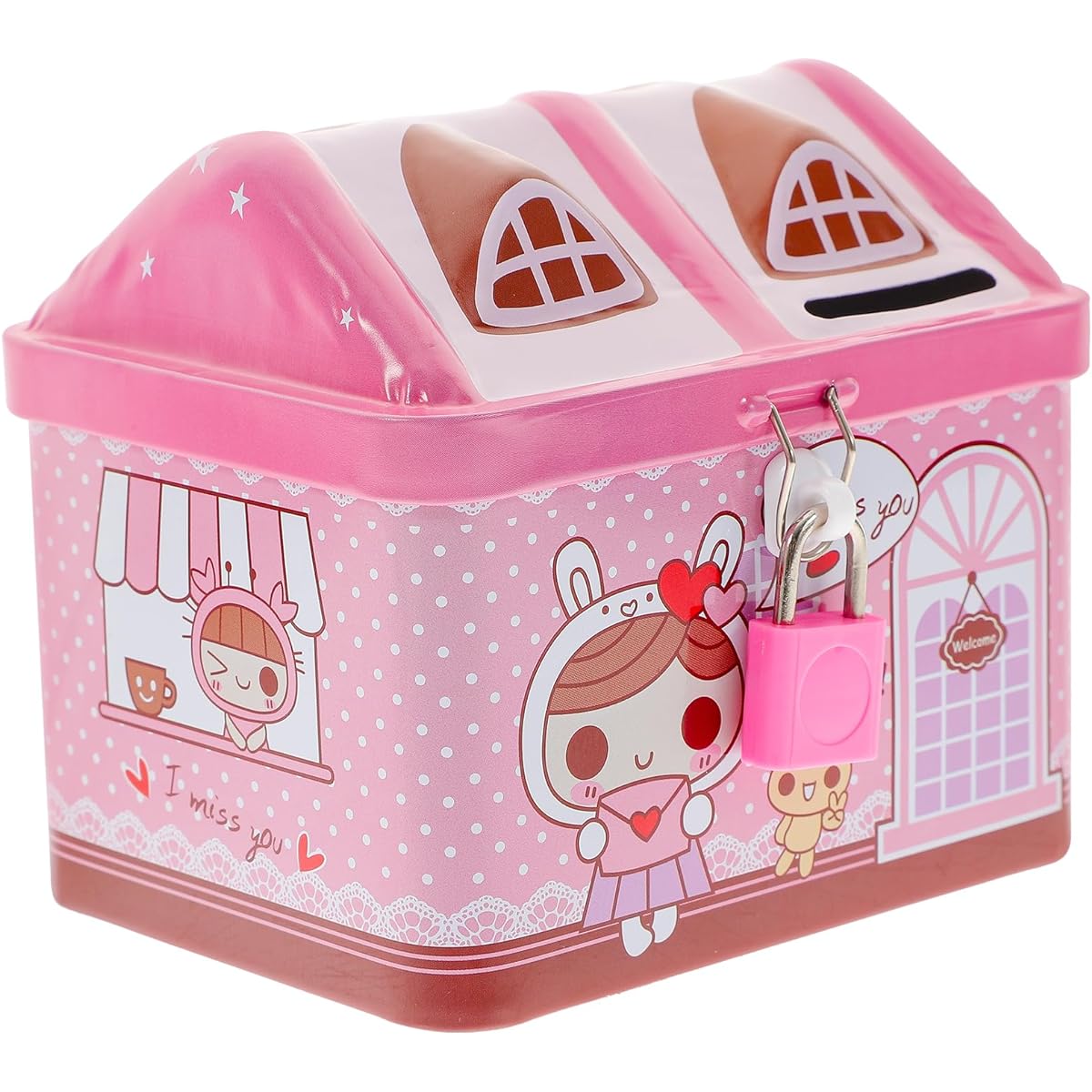 ibasenice Piggy Bank with Lock House Shape Piggy Bank Money Box Toy Metal Tin Storage Box for Boys and Girls Pink