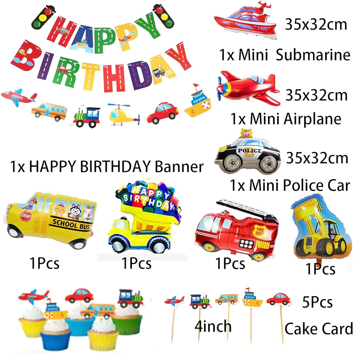Birthday Balloons, Luxury Balloons for Boys Birthday Party Decorations Set Transport Vehicle Foil Balloons Airplane Train Police Car Bus Yacht Fire Truck Happy Birthday Balloons, Cake Heads for Kids 1-2-3