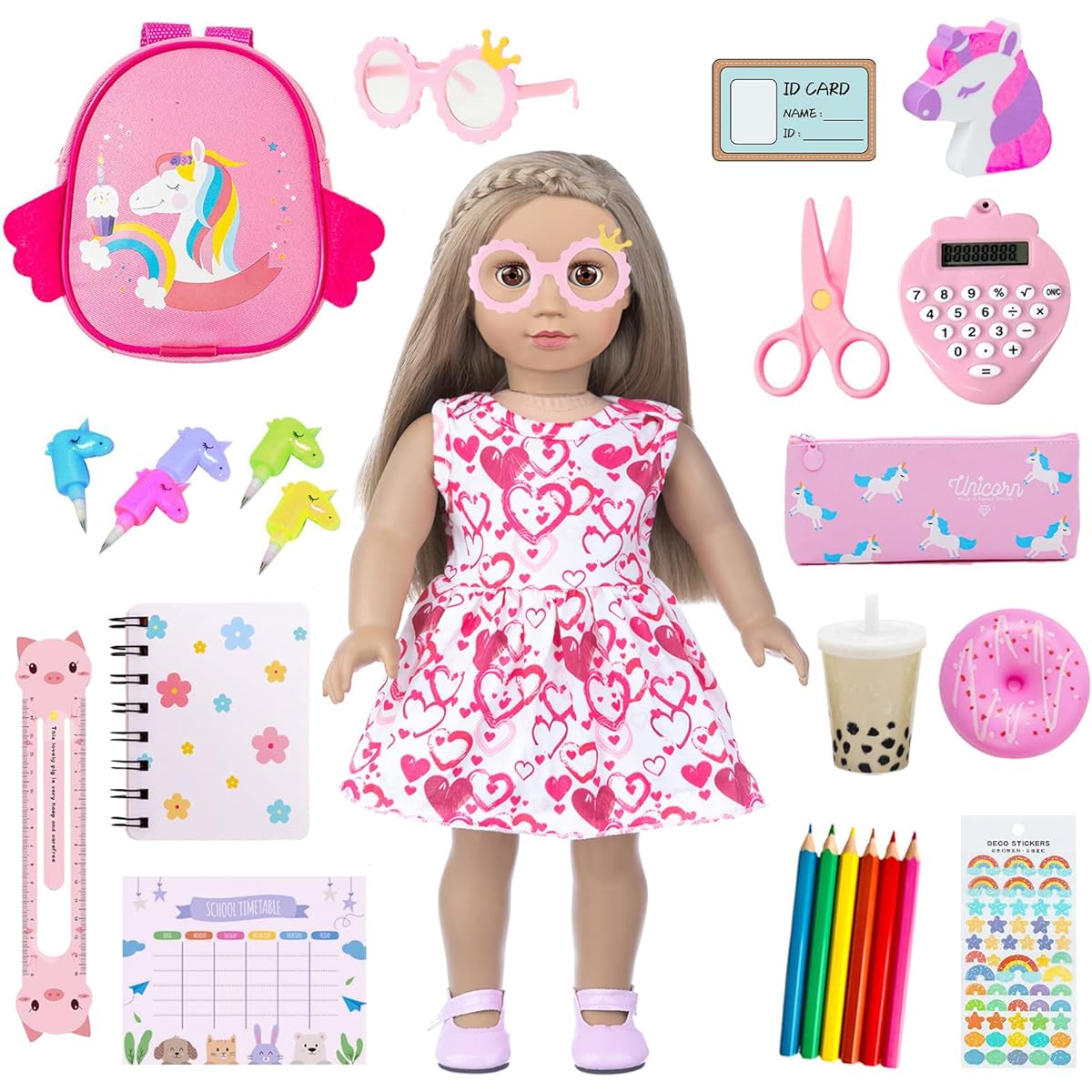 BDDOLL Doll Clothes and Accessories School Supplies Playset for 18" Girl Doll, Includes Doll Clothes, School Bag, Student Card, Glasses, Pencil, Calculator, Scissors, Notebook and More