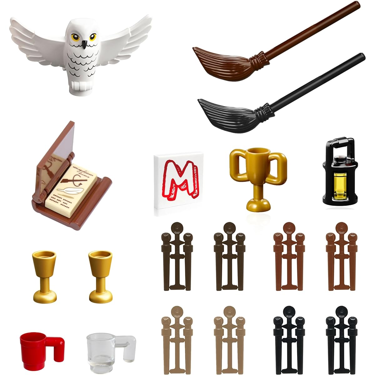 LEGO Harry Potter Minifigure Accessory Pack - Owl Spellbook, wand, broom, goblet and lamp accessories.