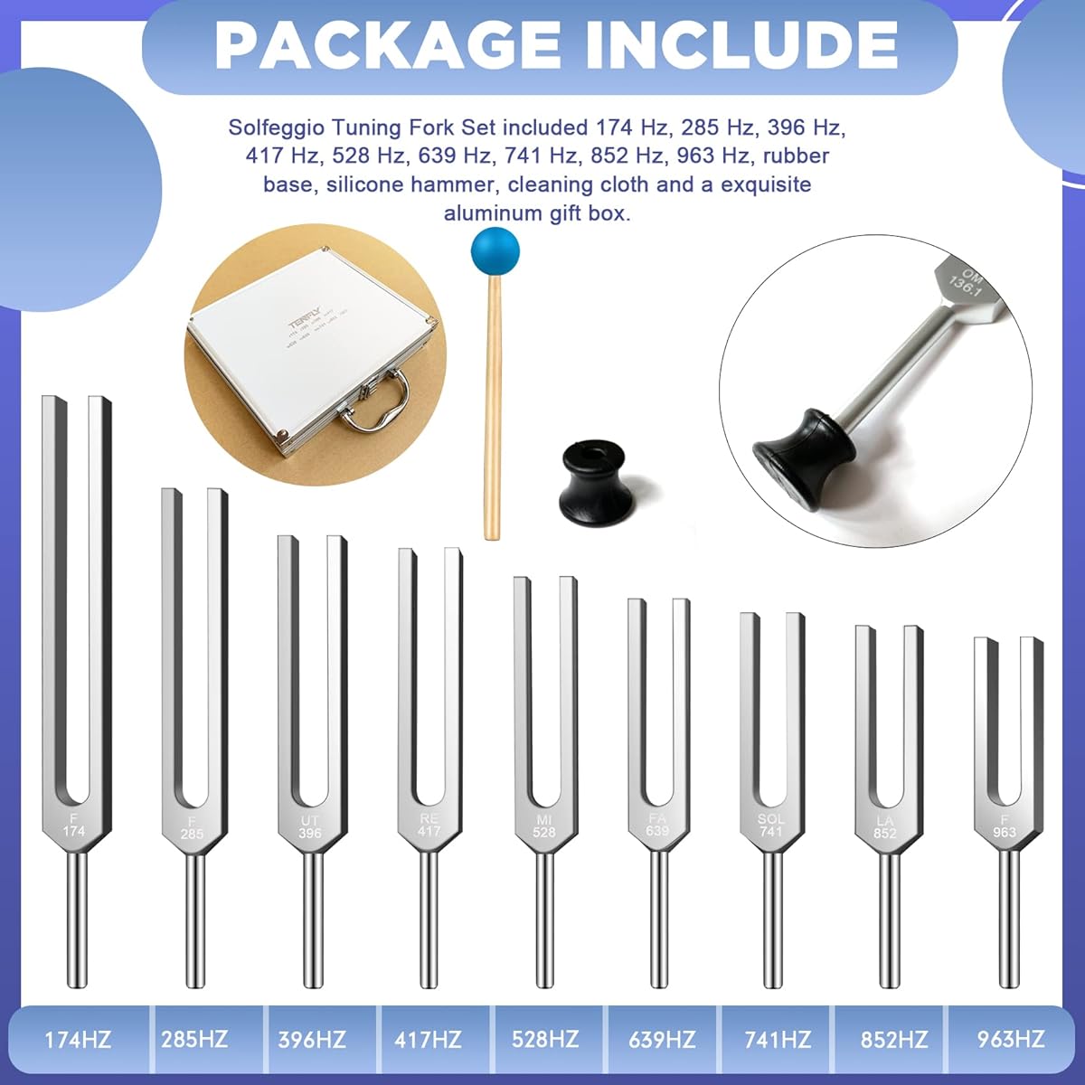 Solfeggio Tuning Fork Set - 9 Tuning Forks Perfect for DNA Healing Chakra Sound Therapy with Exquisite Aluminum Gift Box (174Hz 285Hz 396Hz 417Hz 528Hz 639Hz etc.)