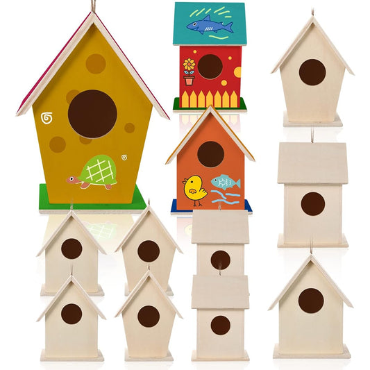12 Pieces Wooden Birdhouse Craft Wooden Birdhouse Kit DIY Wooden Birdhouse Build & Paint Bird House Unfinished Bird House Wooden Art for Girls Boys Assemble and Paint 3 Sizes (12 Pieces)