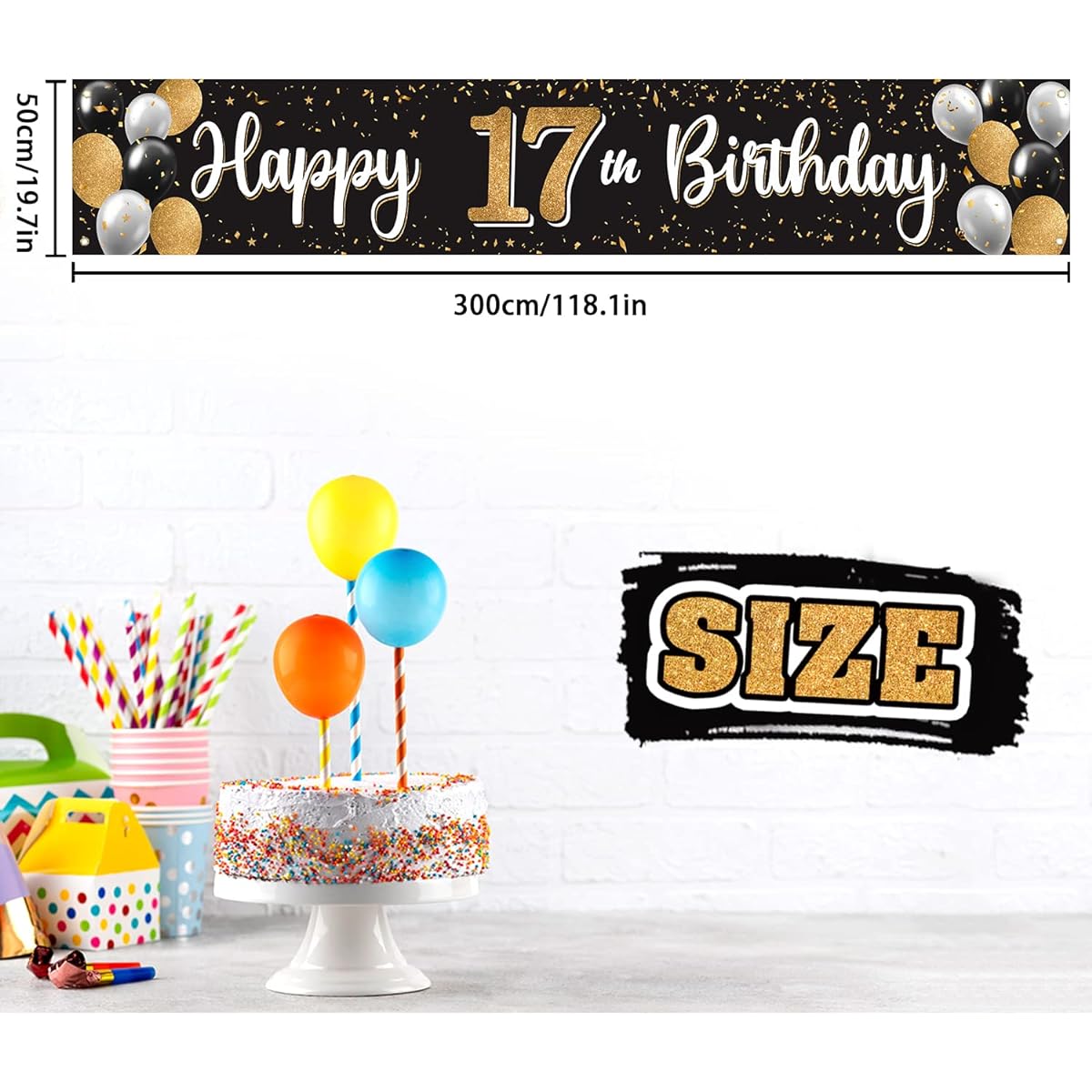 Nelbiirth Happy 17th Birthday Black & Gold Yard Sign Banner - Cheers to 17th Birthday Home Outdoor Photo Props Backdrop 17th Birthday Party Decorations (10ft x 1.5ft)