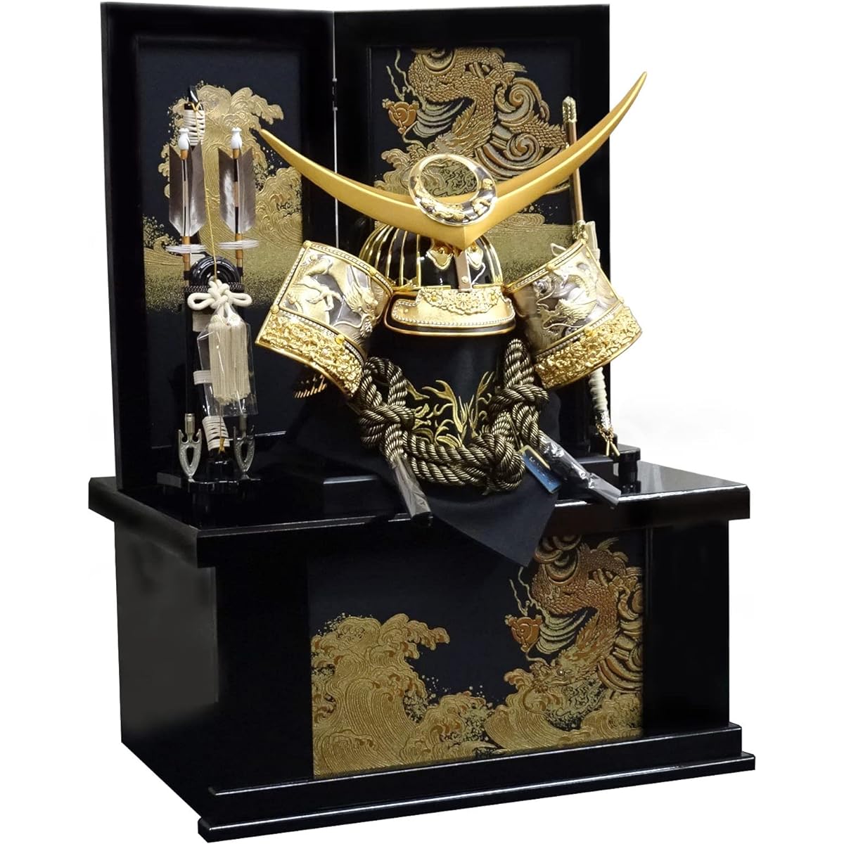 Wearing helmet, May doll, storage, helmet decoration, Kenshin Uesugi, No. 23, gold wearing helmet (pure silk lacing, raised engraving), width 60 cm, gold-painted golden dragon storage decoration