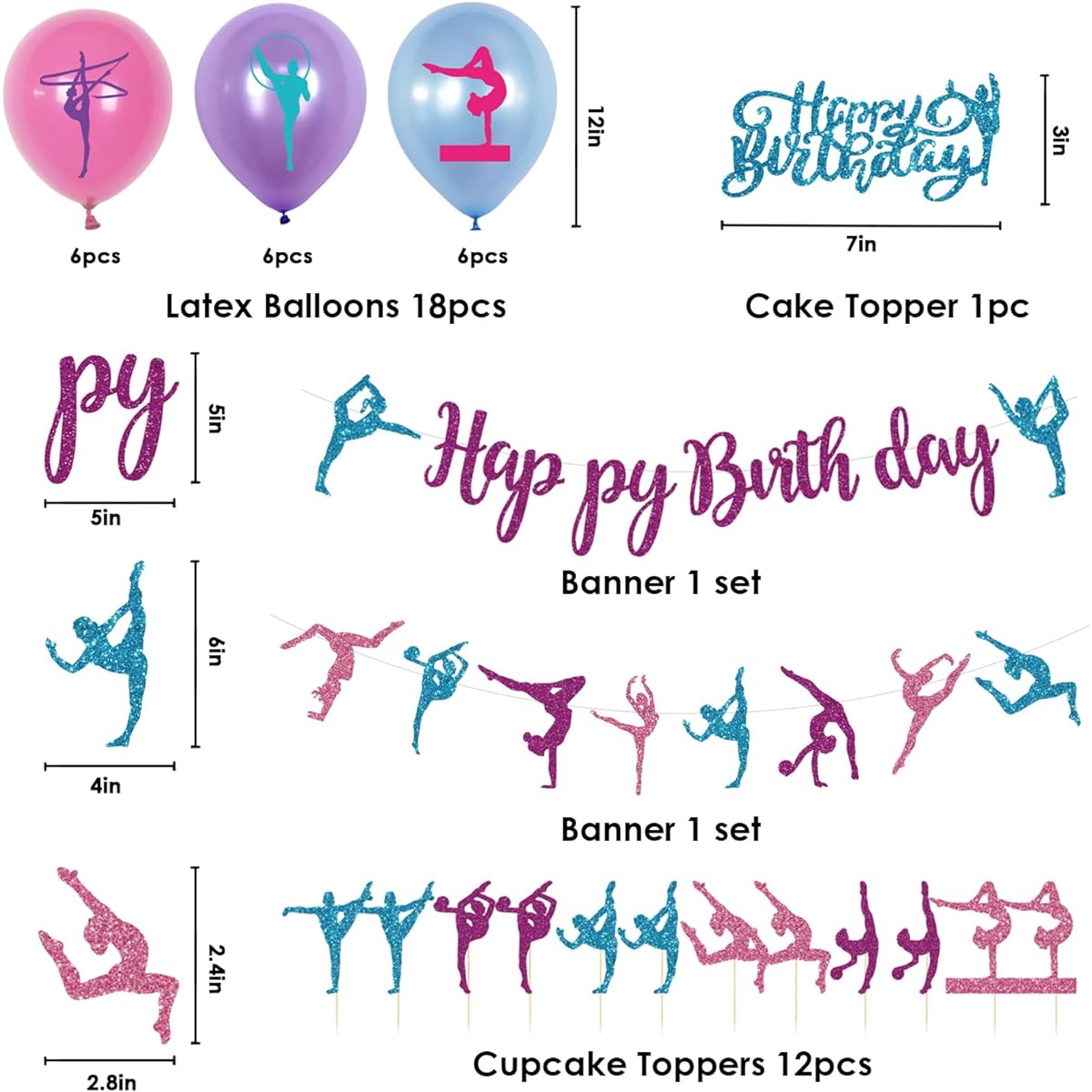 Gymnastics Party Supplies 32pcs Birthday Party Decorations Banner Cupcake Toppers Balloons for Boys/Girls Baby Shower Birthday Party