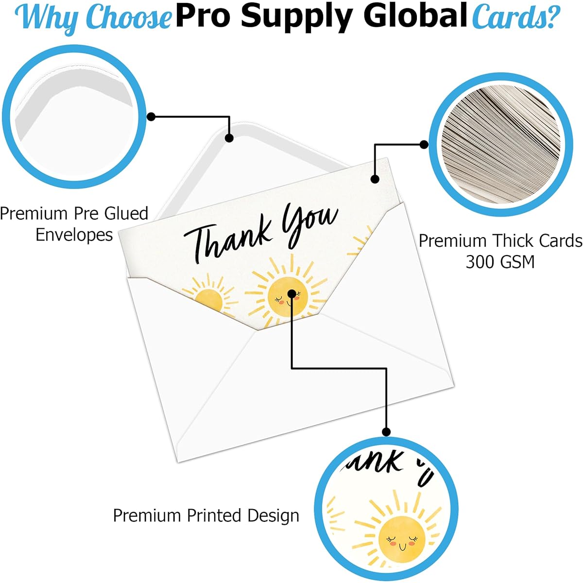 Pro Supply Global Sunshine Thank You Cards with Envelopes, 24 Assorted