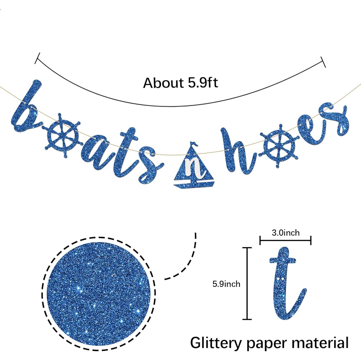 INNORU Boats n Hoes Banner Nautical Theme Party Decorations Baby Shower Wedding Party Birthday Bachelorette Party Decorations Navy Blue Glitter
