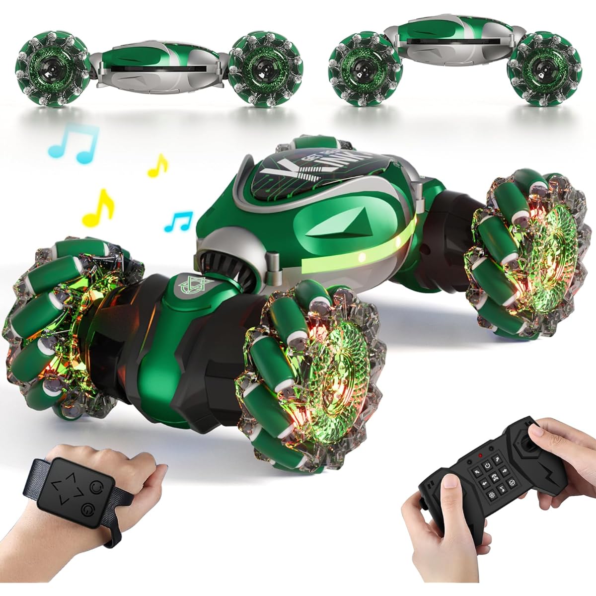 Resosese RC Car 2071 Stunt Car Double Sided Rotating 6WD Off-Road with Lights Toy Car Green with Lights