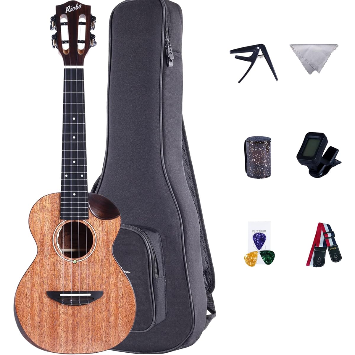 Riobo Electric Ukulele Beginner Set Professional Instrument Tenor Size Hawaiian Ukulele Mahogany Solid Ukulele Accessories: Ukulele, Strap, Pick, Tuner, 10mm Thick Bag (Electric, 26 inches)