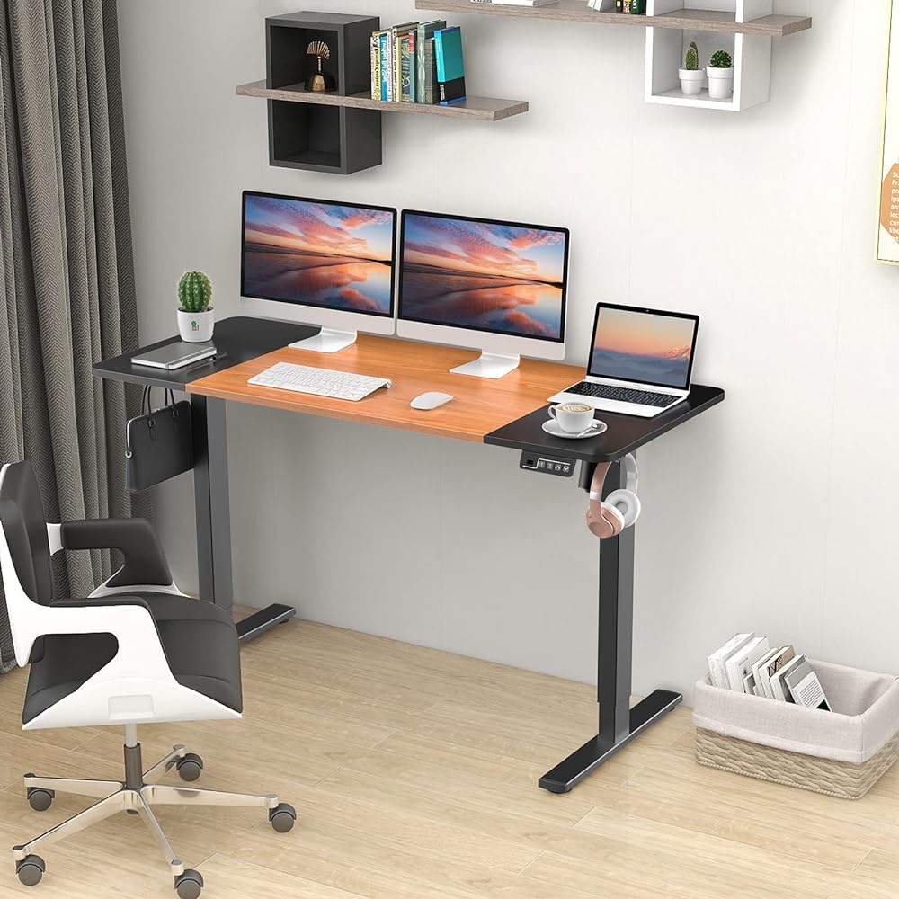 ERGOMAKER Electric Lifting Desk Standing Desk (Width 140 x Depth 60cm) Height Adjustable for Home Office Ergonomic Computer Desk (Legs (Black) + Top Board (Black & Cherry Wood Grain), 140*60)