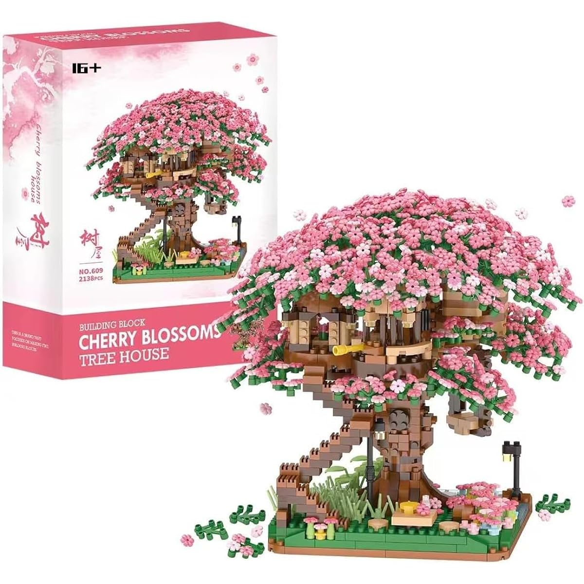 Street View Sakura Bonsai Tree Bricks Model Set 2138 Pieces DIY Sakura Tree House Building Blocks Assembly Mini Particle Construction Toys - Not Compatible with Lego