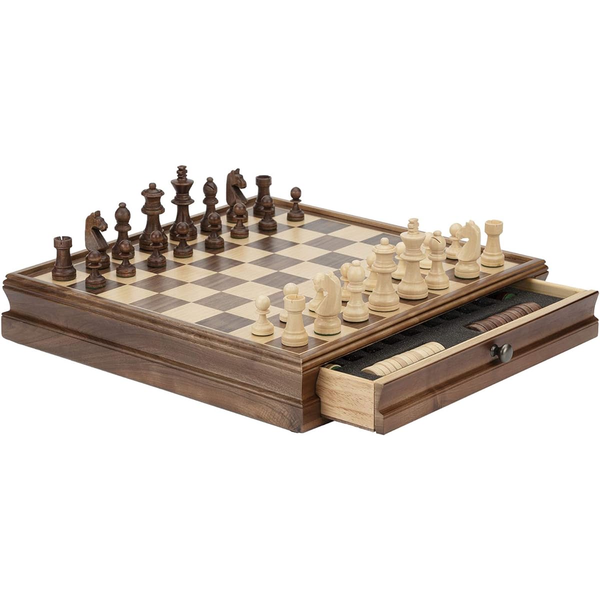 Premium Wooden Chess Set Portable Game Board with Storage Drawer Felt Interior with Game Piece Slots for Kids Beginners and Adults, 38x38x7.6cm