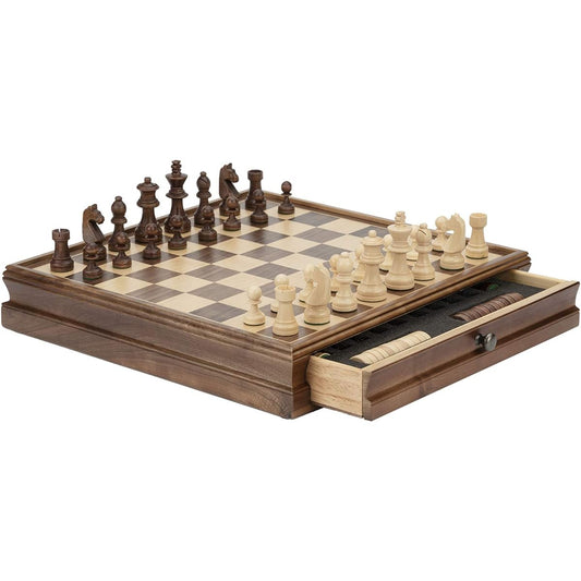 Premium Wooden Chess Set Portable Game Board with Storage Drawer Felt Interior with Game Piece Slots for Kids Beginners and Adults, 38x38x7.6cm