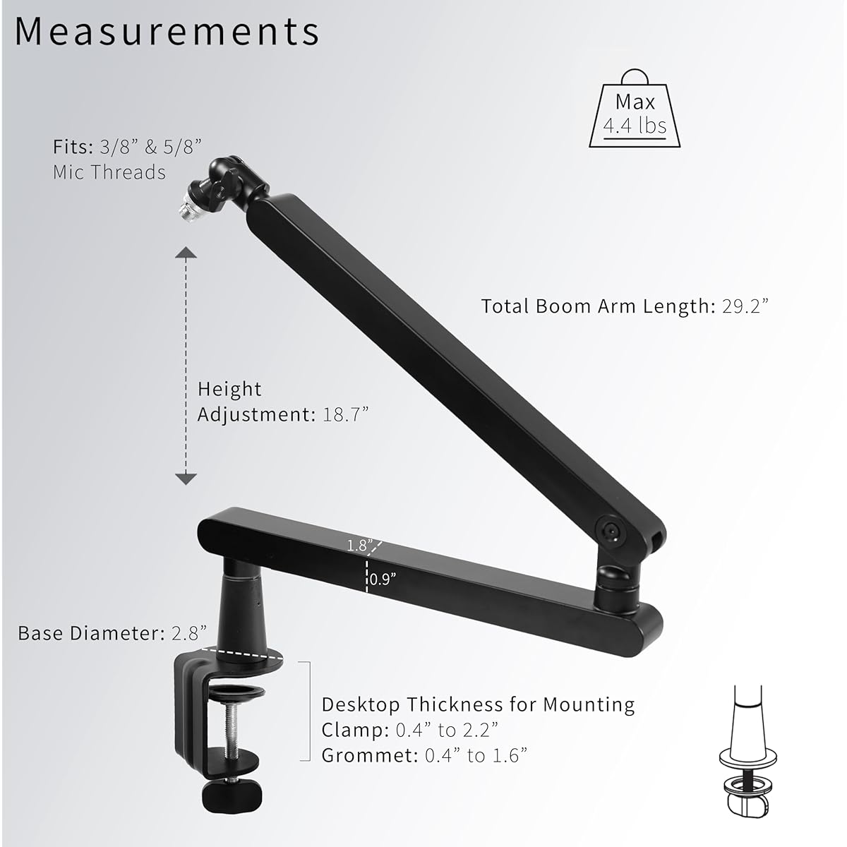 VIVO Thin Broadcast/Podcast Microphone Boom Arm Stand with 3/8 and 5/8" Thread Adapter Heavy Duty Desk Mount Professional Microphone Stand 360 Rotation Black STAND-MIC03L