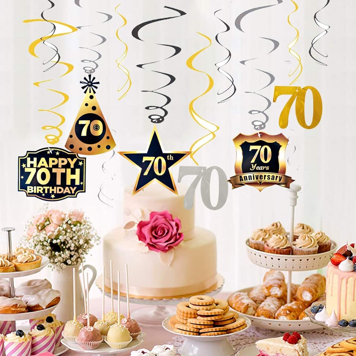 70th Birthday Decorations for Men and Women, Cheers to 70th Birthday Banner Swirls Set, 70th Birthday Party Decorations