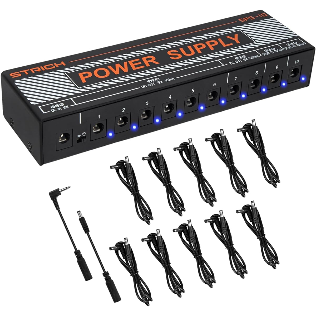 STRICH Guitar Pedal Power Supply 10 Isolated DC Outputs for 9V/12V/18V Effect Pedal 100mA 500mA Pedal Board Power Supply Short Circuit Protection Noise Reduction Circuit Design New Version