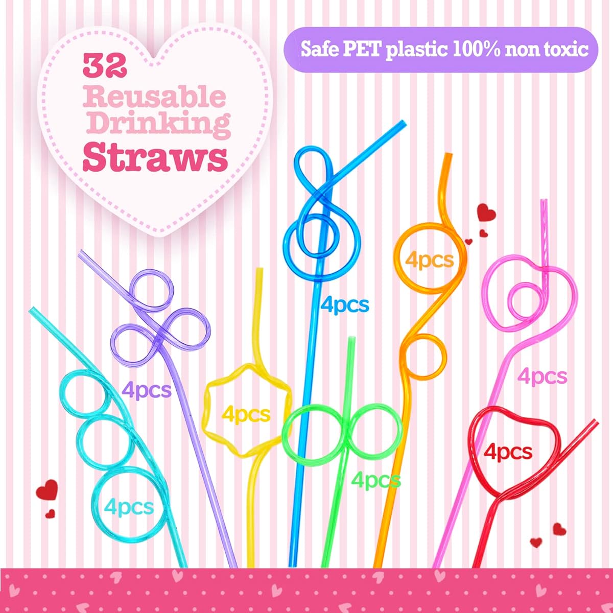Letapa 32 Pack Valentine's Day Cards with Crazy Loop Straws, Valentine Greeting Cards for Kids, Boys and Girls, School Classroom Gift Exchange, Valentine Prizes, Party Gifts