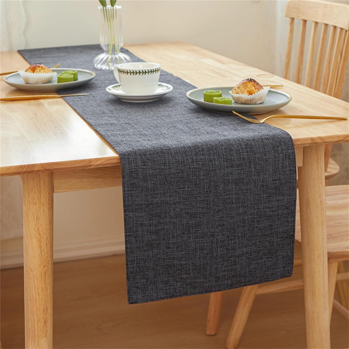 KRFOONN Burlap Farmhouse Table Runner Home Decor 12" x 83" Rustic Linen Style Kitchen Dining Table Runner Cloth for Holiday Parties Weddings Dining Table Decor Everyday Black
