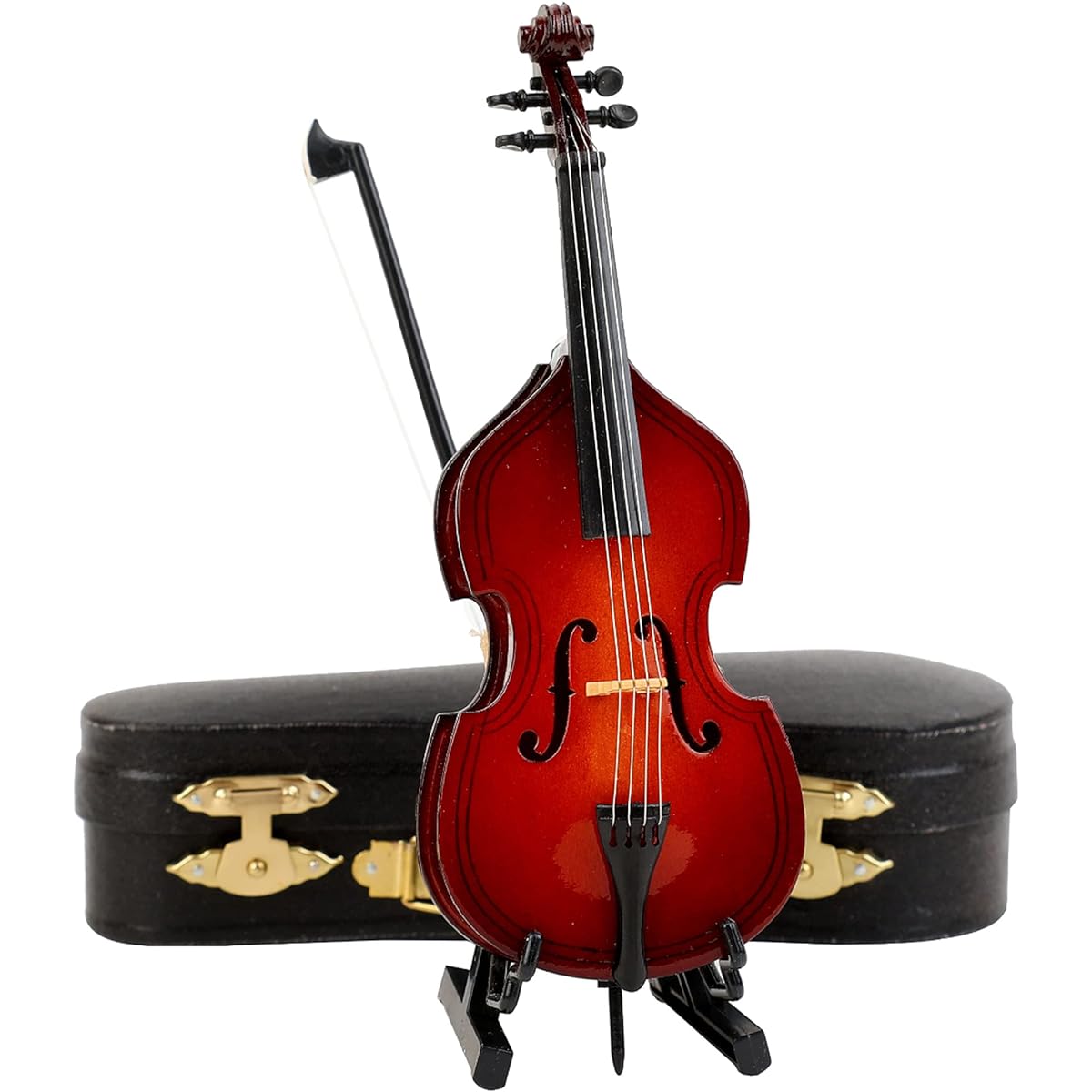 Dselvgvu Wooden Miniature Double Bass with Stand, Ribbon and Case Mini Contrabass Replica Mini Musical Instrument Collectible Miniature Dollhouse Model Home Decoration (5.7"x2.16"x1.37")