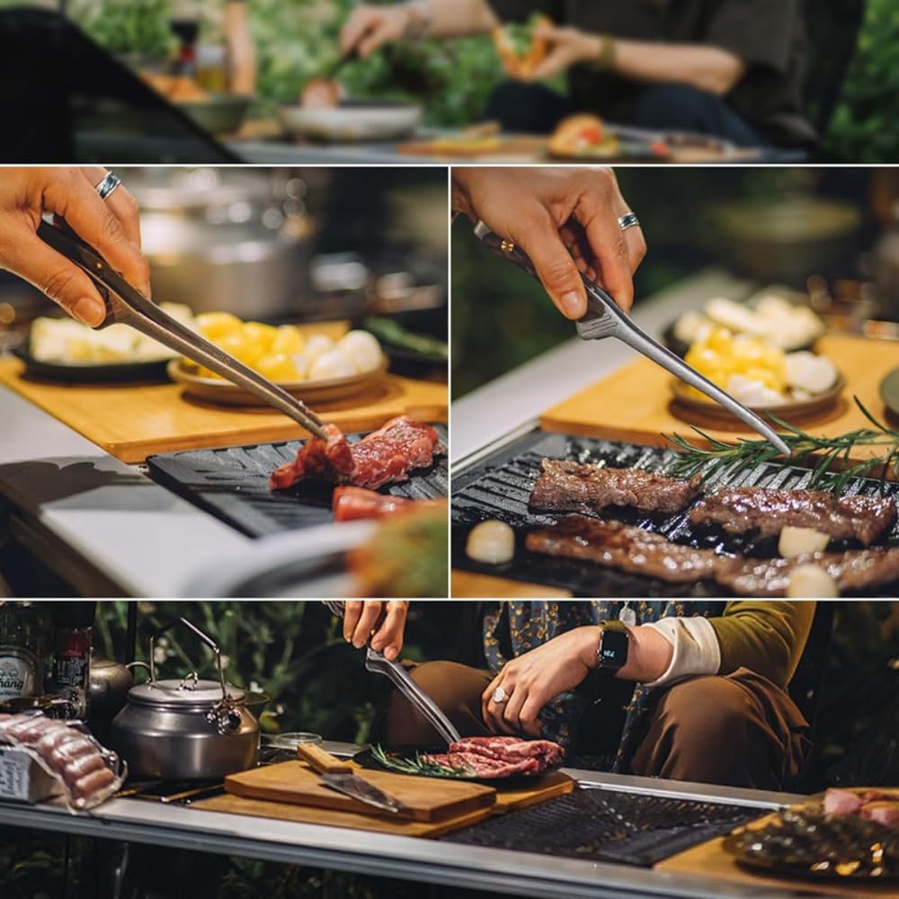 BBQ Tongs Camping Tongs Barbecue Tongs 304 Stainless Steel Multi-Tongs Yakiniku - Chopsticks - Camping - Lightweight / Heat Resistant / Burn Prevention / Rustproof / Outdoor Tableware / Camping Cookware Supplies (B-Black + Silver (2PCS))