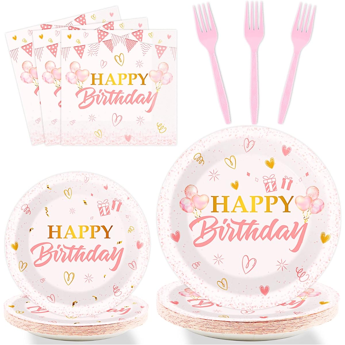 96 Piece Pink Birthday Tableware Set, Pink Rose Gold Birthday Table Decoration Supplies, Birthday Dessert Plates, Napkins Forks for 24 People, Women's Birthday Disposable Party Favors
