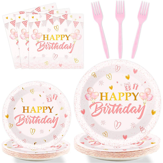 96 Piece Pink Birthday Tableware Set, Pink Rose Gold Birthday Table Decoration Supplies, Birthday Dessert Plates, Napkins Forks for 24 People, Women's Birthday Disposable Party Favors