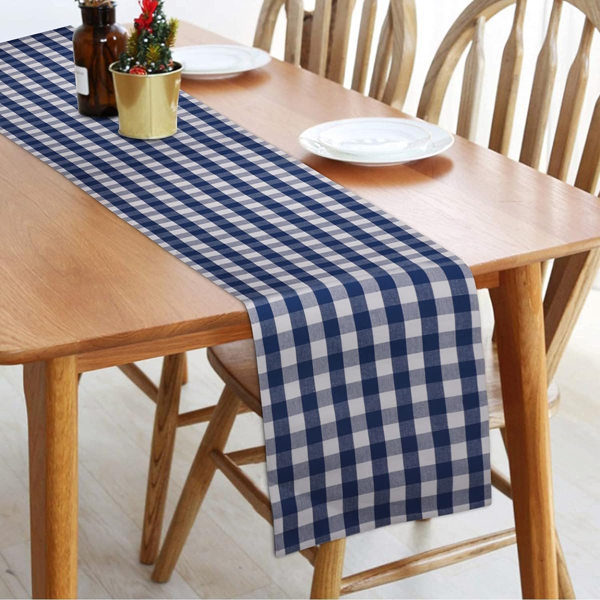 Urban Villa Table Runner 100% Cotton Fused Table Runner 14" x 72" Oversized Blue/White Buffalo Check Table Runner Heavier Quality Table Runner 14" x 72" Blue/White Check