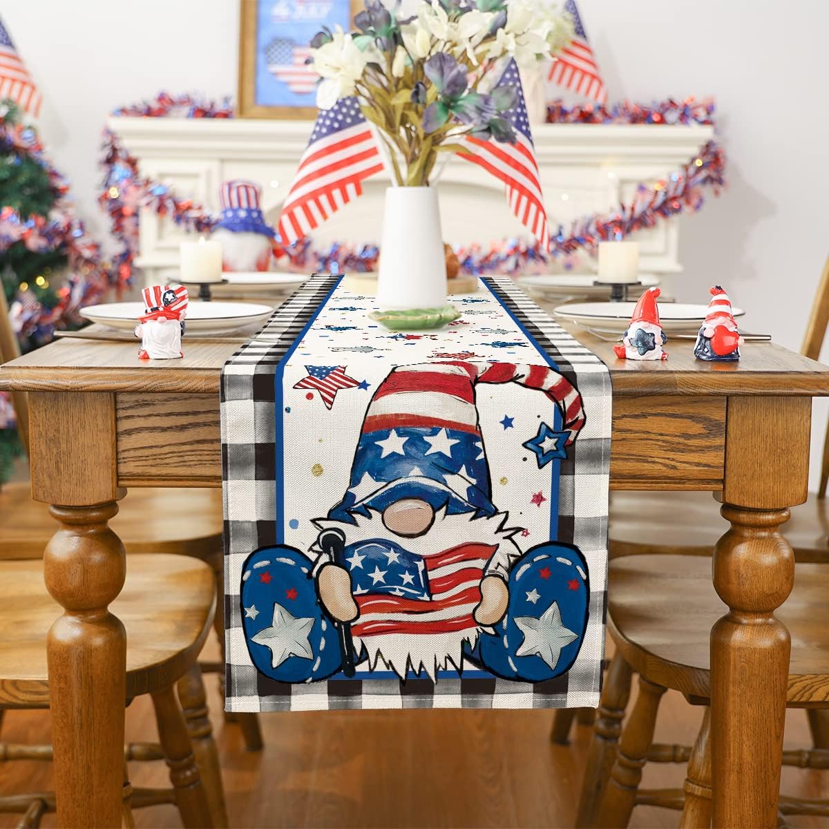 4th of July Table Runner 4th of July Patriotic Gnome Table Runner Red Blue 4th of July Decorations Stars America Decor Home Indoor Outdoor Table Decoration (13" x 108")