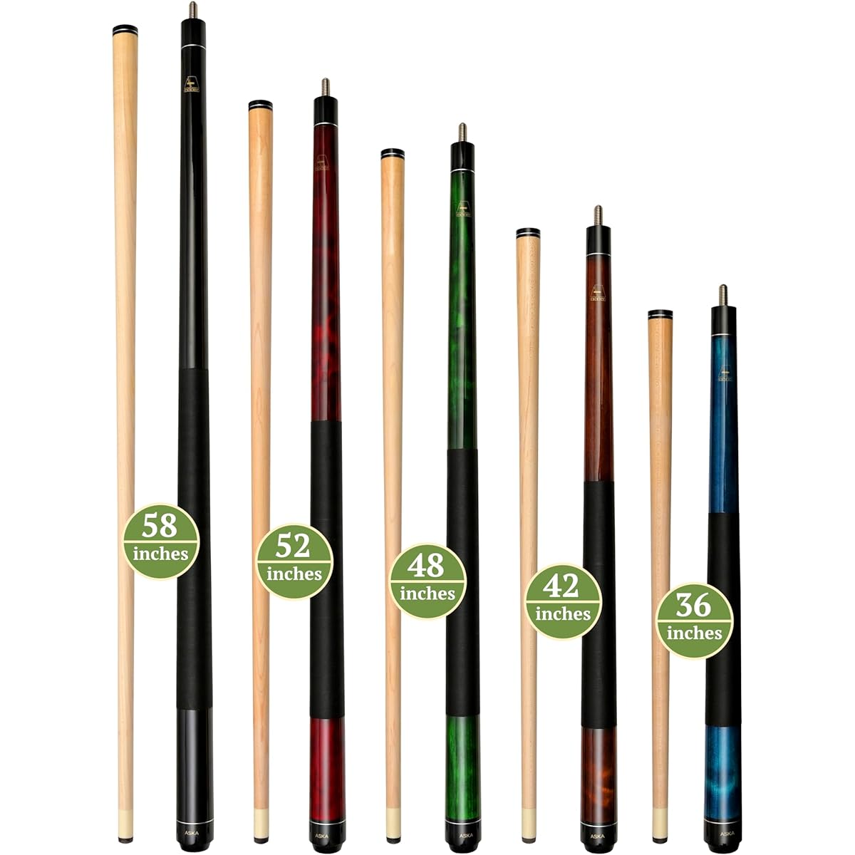 Set of 5 Aska Mixed Long Cues LS5, Canadian Hard Rock Maple Billiard Pool Cue Sticks, Short, Kids Cues