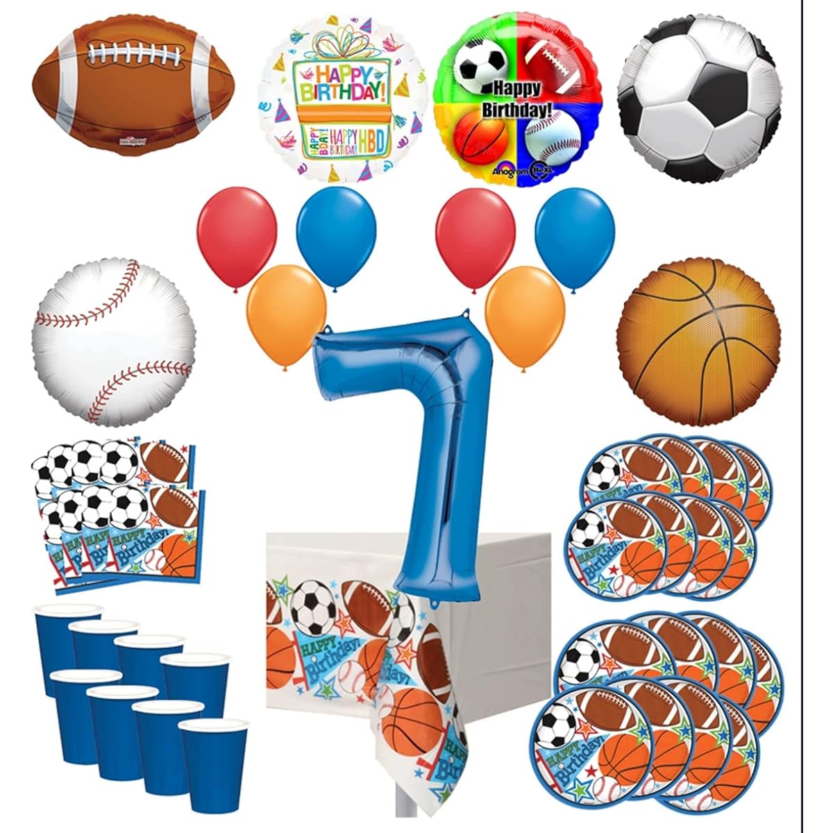 Mayflower Products Sports Theme 7th Birthday Party Supplies for 8 Guest Entertainment Kit and Balloon Bouquet Decorations - Blue Number 7