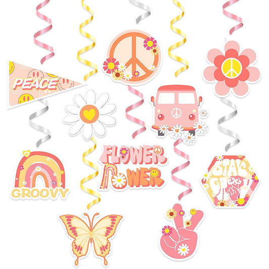 30 Pieces Groovy Retro Party Decorations Hippie Boho Party Supplies Hanging Swirls Decor Rainbow Butterfly Daisy Flower Decorations for Birthday Baby Shower