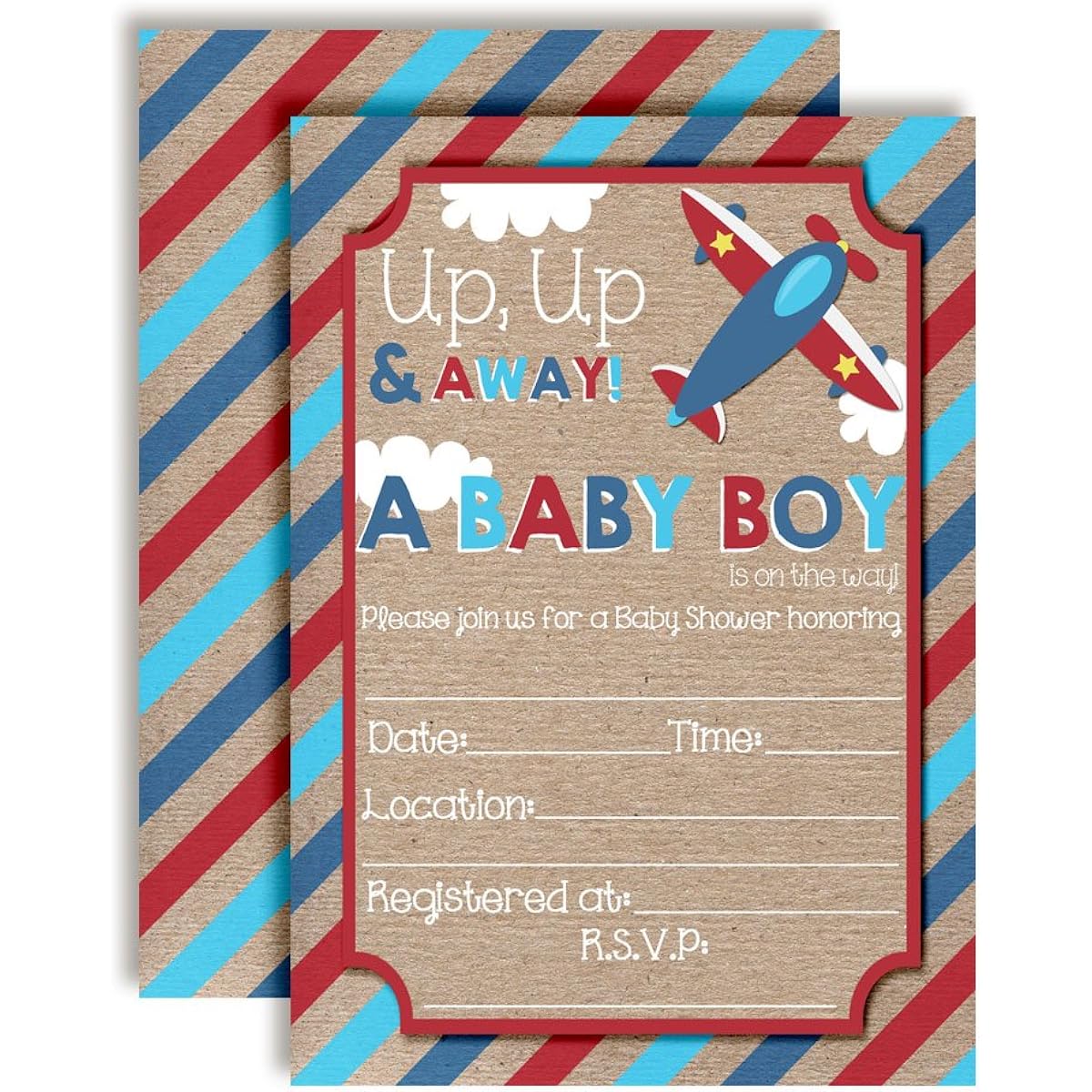 Up & Away Airplane Baby Shower Invitations for Boys, Ten 5"x7" Fill In Cards with 10 White Envelopes by AmandaCreation